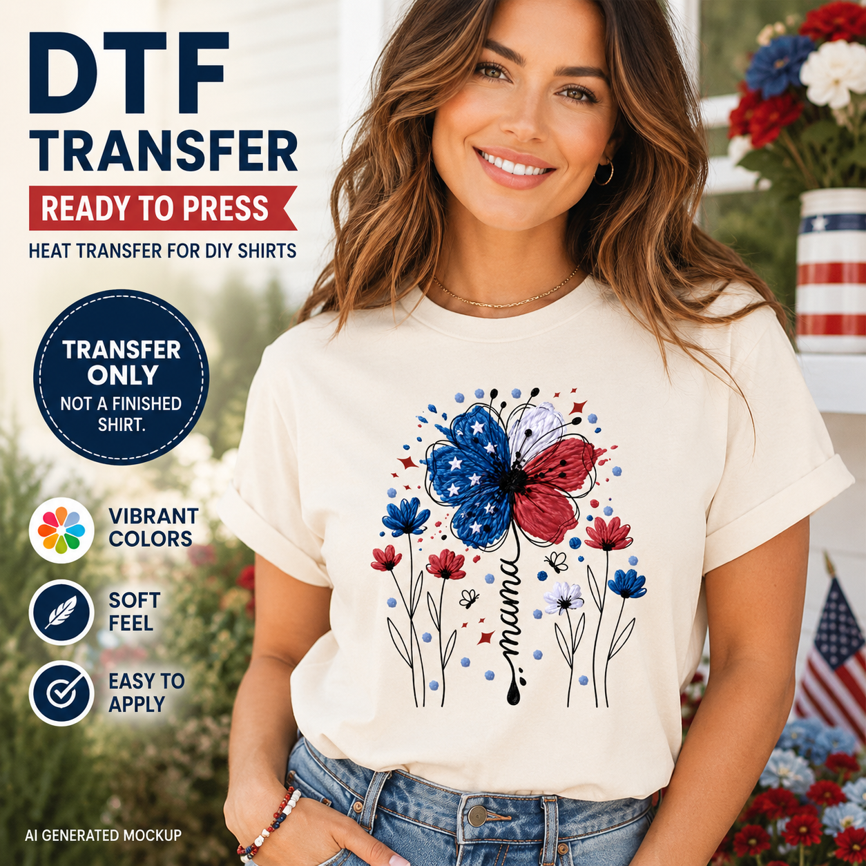 Woman wearing a t-shirt with a red, white, and blue flower design and 'mama' text.