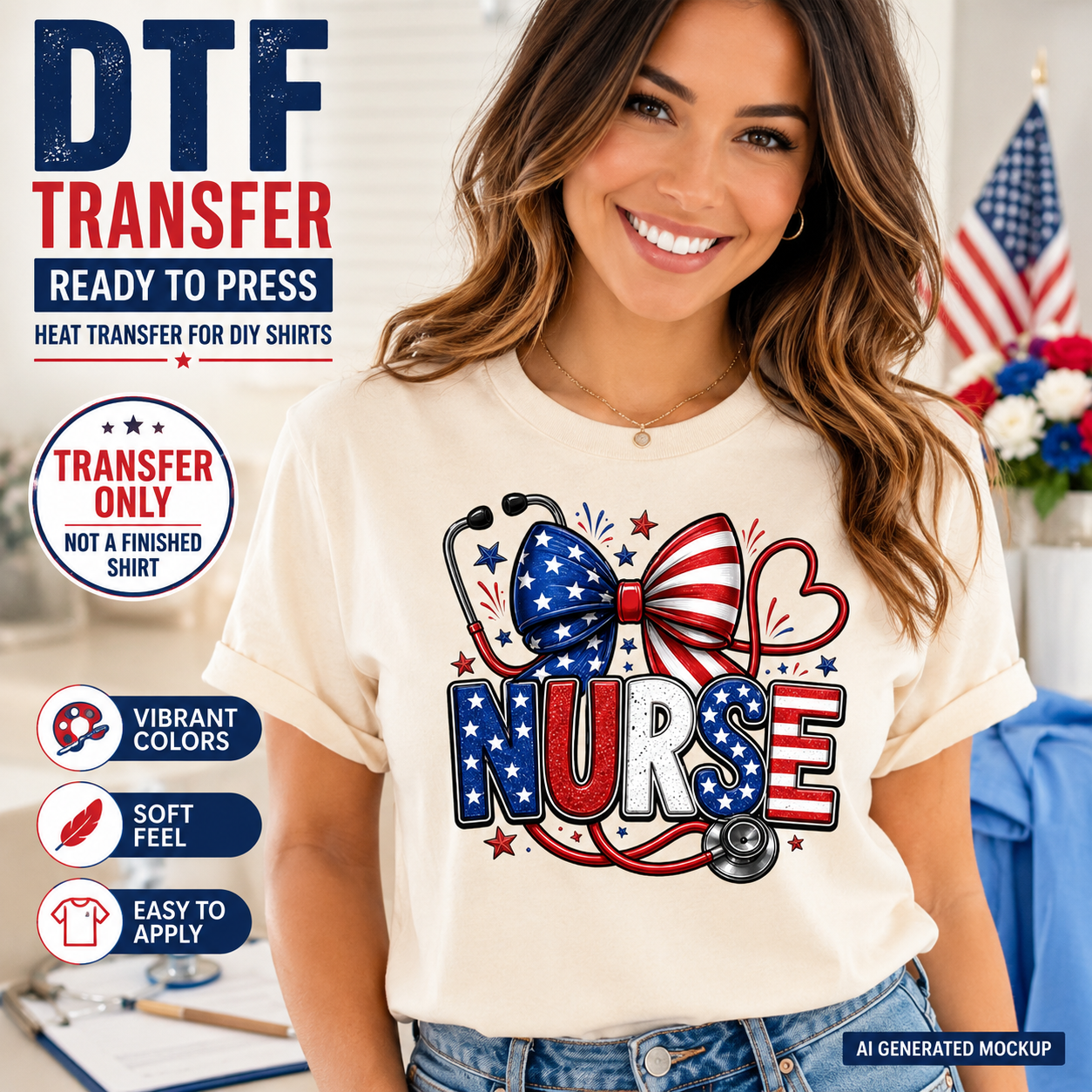 Woman wearing a t-shirt with a 'NURSE' design featuring an American flag, stethoscope, and bow tie. Text on the image promotes DTF transfers for DIY shirts.