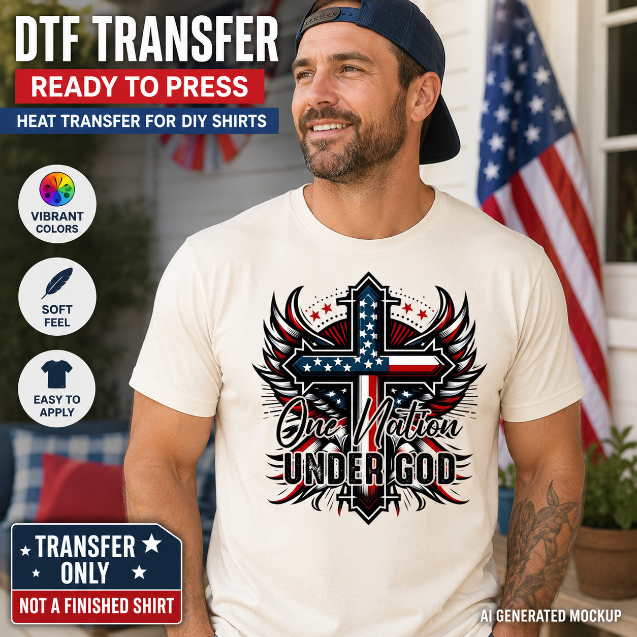 Man wearing a white t-shirt with a patriotic design in front of an American flag.
