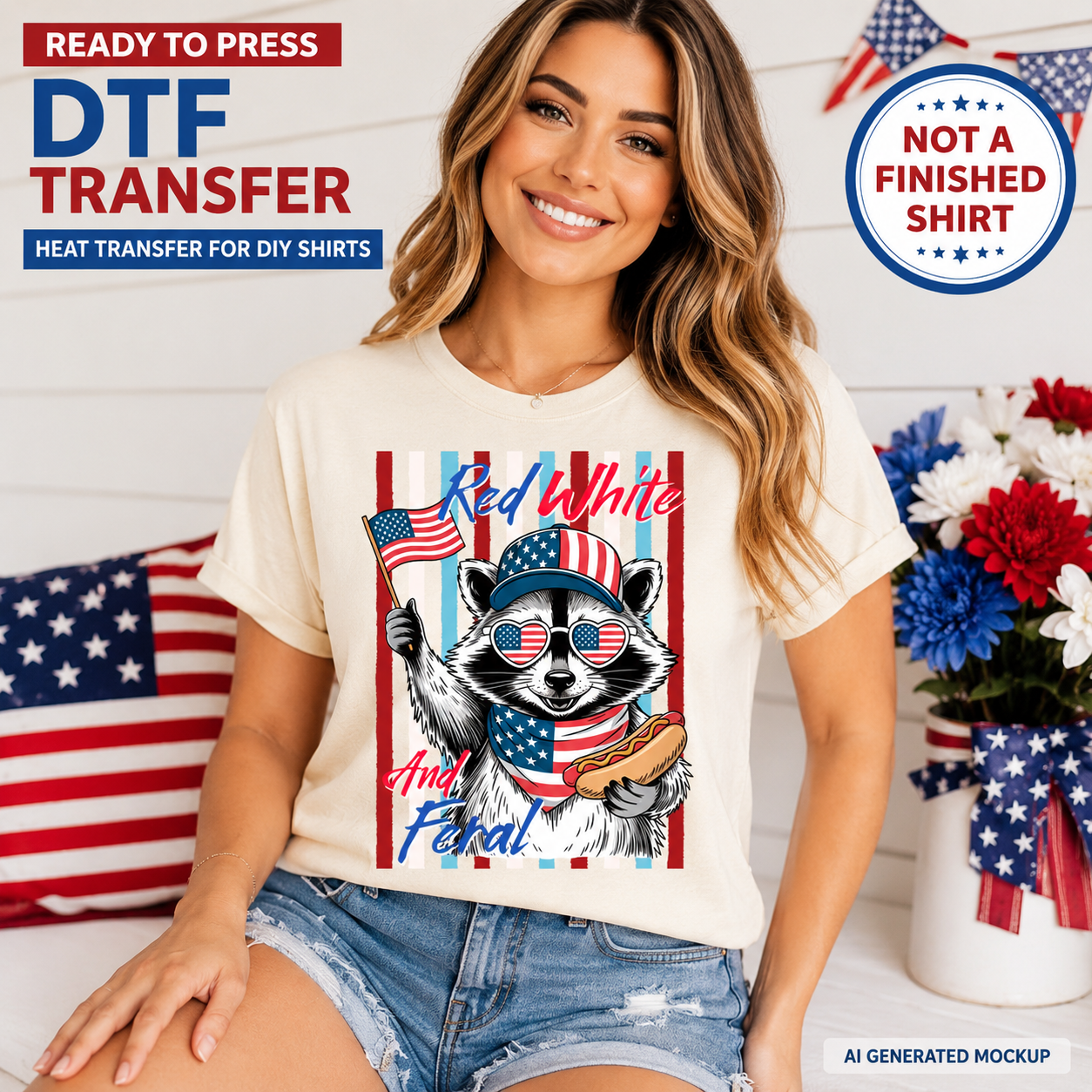Woman wearing a t-shirt with a patriotic design featuring a raccoon, American flag, and text 'Red White and Feral'. The background includes American flags and flowers.