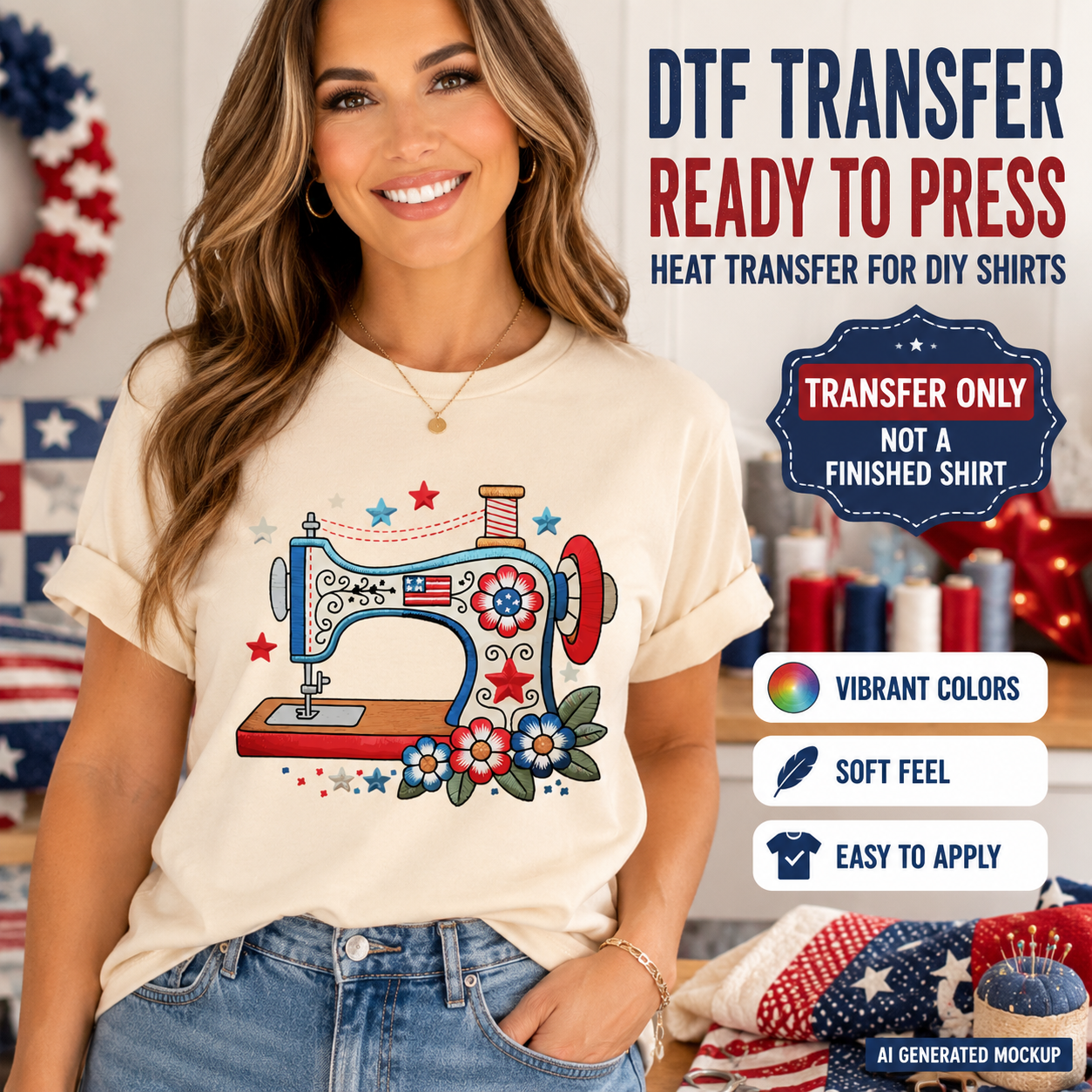 Woman wearing a t-shirt with a sewing machine design and text about DTF transfers.