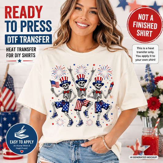 Woman wearing a white t-shirt with a patriotic skeleton design, surrounded by American flags and decorative items.