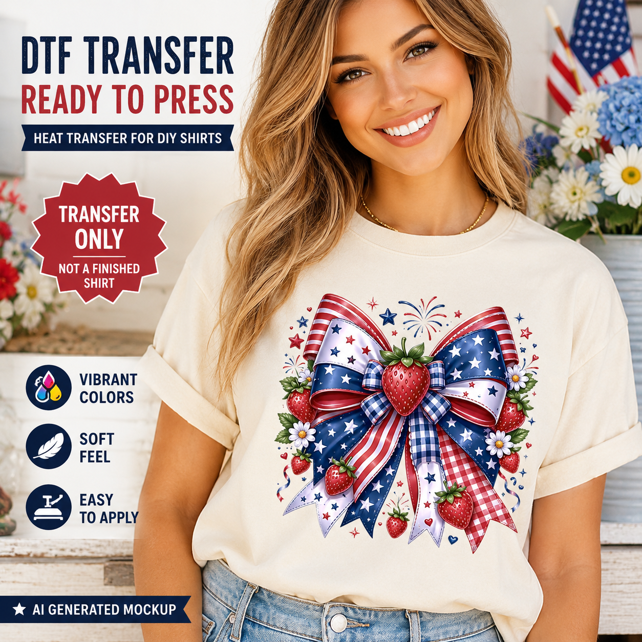 Woman wearing a t-shirt with a patriotic design featuring a bow, strawberries, and fireworks. Text on the image promotes DTF transfers for DIY shirts.