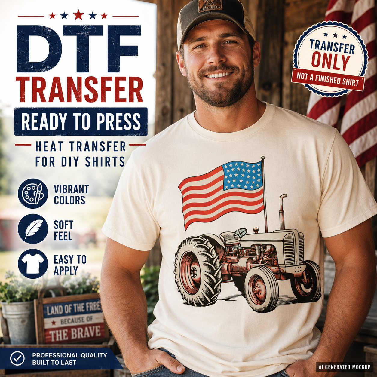 Man wearing a t-shirt with an American flag and tractor design, with promotional text about DTF transfers.