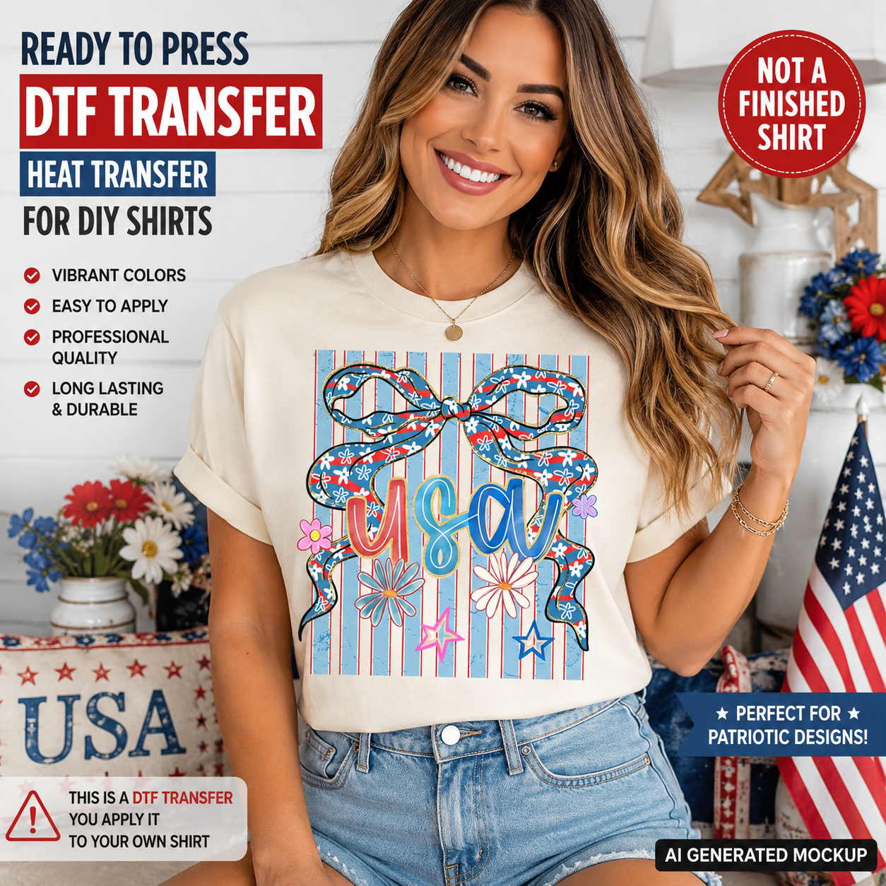 Woman wearing a t-shirt with a USA design, surrounded by patriotic decor.