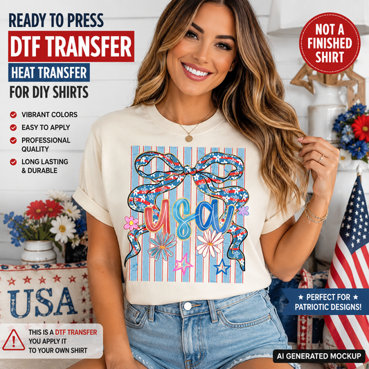 Woman wearing a t-shirt with a USA design, surrounded by patriotic decor.