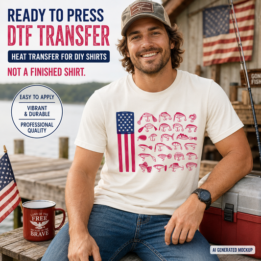 Man wearing a white t-shirt with an American flag design, sitting outdoors with fishing equipment and flags.