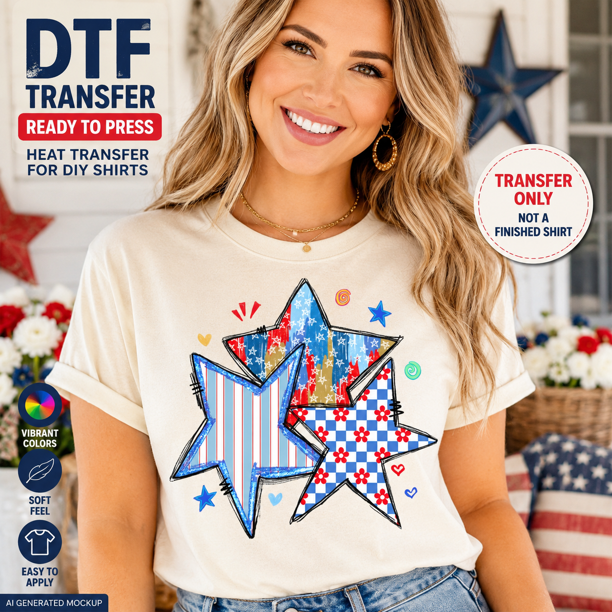 Woman wearing a t-shirt with a star design and promotional text about DTF transfers.