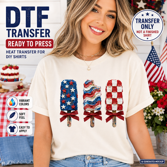 Woman wearing a t-shirt with American flag-themed popsicles and promotional text for DTF transfers.
