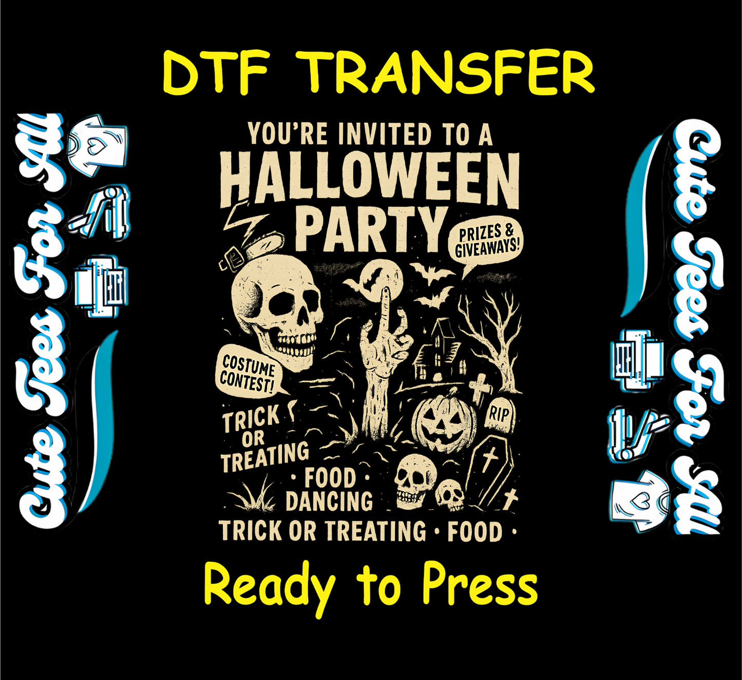 DTF transfer with vintage Halloween party invite featuring skulls, graveyard, ghost, jack-o'-lantern, and spooky lettering

