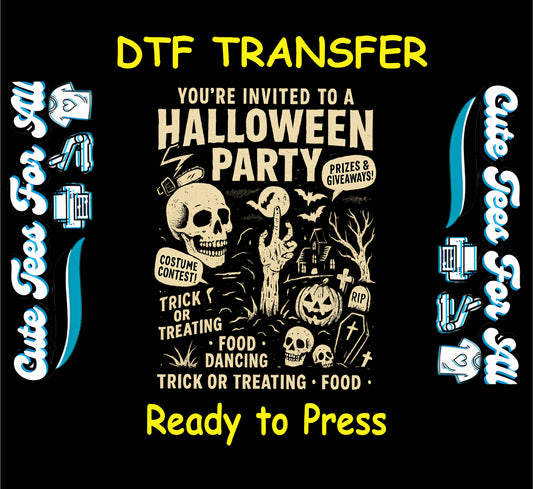 DTF transfer with vintage Halloween party invite featuring skulls, graveyard, ghost, jack-o'-lantern, and spooky lettering

