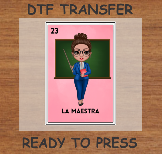 'La Maestra' DTF Transfer design with a stylish female teacher in a blue suit holding a book and pointer, standing in front of a chalkboard, ready to press.