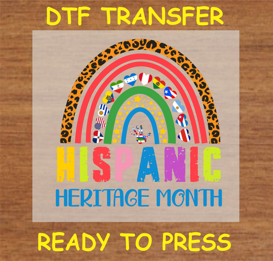 Hispanic Heritage Month DTF Transfer design with a colorful rainbow, Hispanic country flags, and a leopard print accent. Ready to press