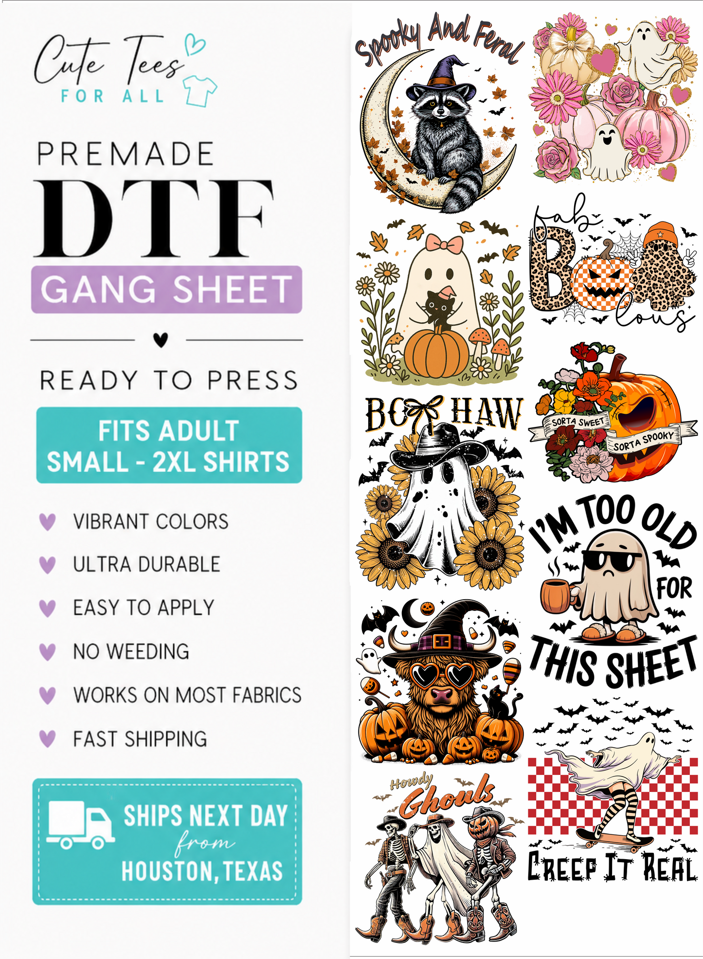 A promotional graphic for a DTF gang sheet featuring multiple Halloween-themed printed designs on the right side and marketing text on the left. The designs include a raccoon on a moon, pink ghosts, a ghost with a pumpkin, sunflowers, pumpkins, ghosts, and autumn illustrations.