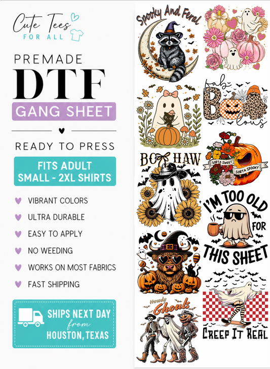 A promotional graphic for a DTF gang sheet featuring multiple Halloween-themed printed designs on the right side and marketing text on the left. The designs include a raccoon on a moon, pink ghosts, a ghost with a pumpkin, sunflowers, pumpkins, ghosts, and autumn illustrations.