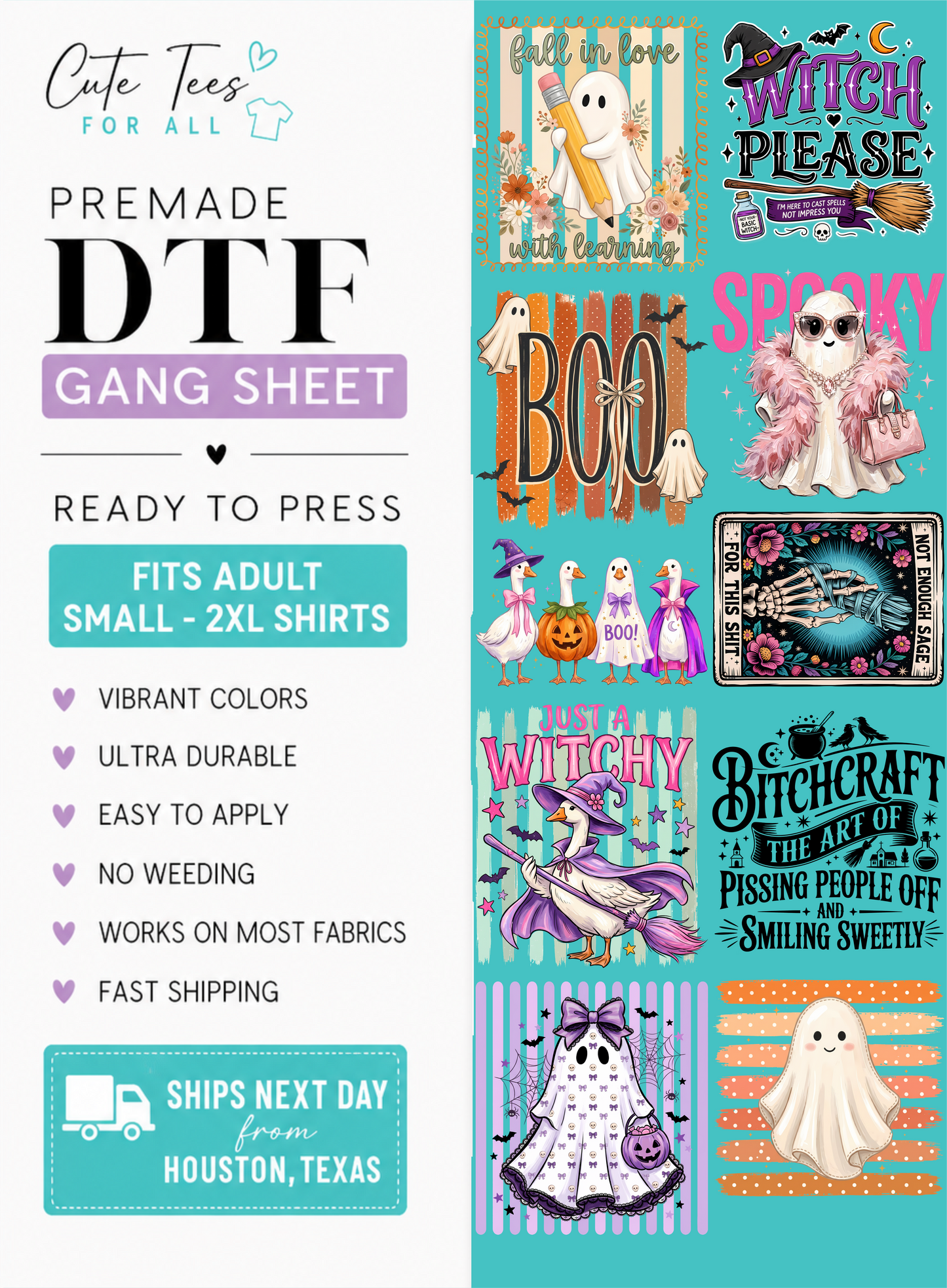 Promotional graphic for a DTF gang sheet featuring multiple Halloween-themed shirt print designs. The left side includes branding text reading 'Cute Tees FOR ALL' and 'PREMADE DTF GANG SHEET' with feature callouts like vibrant colors, ultra durable, easy to apply, no weeding, works on most fabrics, and fast shipping.