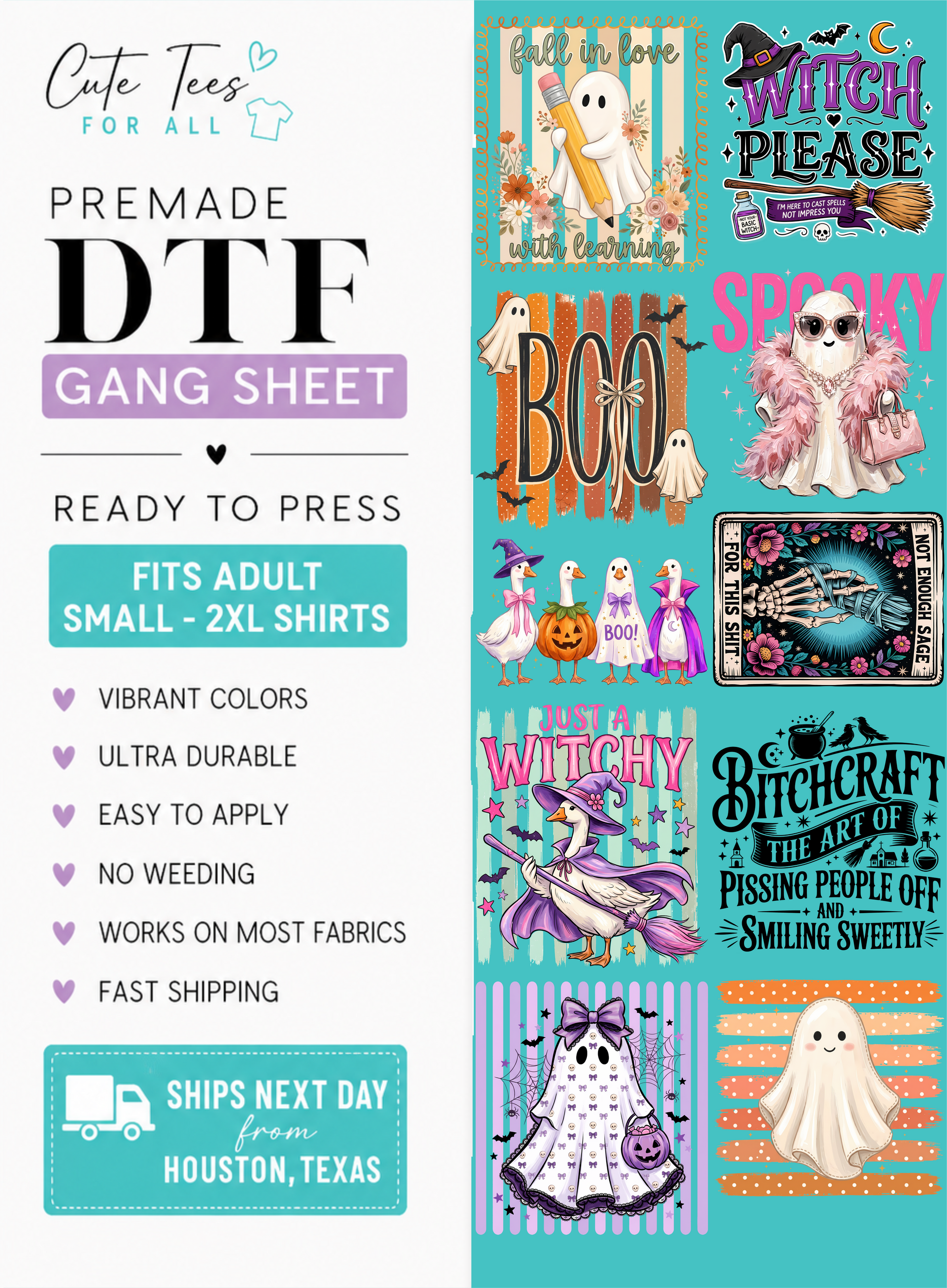 Promotional graphic for a DTF gang sheet featuring multiple Halloween-themed shirt print designs. The left side includes branding text reading 'Cute Tees FOR ALL' and 'PREMADE DTF GANG SHEET' with feature callouts like vibrant colors, ultra durable, easy to apply, no weeding, works on most fabrics, and fast shipping.