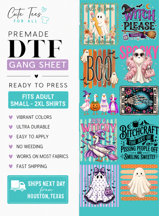 Promotional graphic for a DTF gang sheet featuring multiple Halloween-themed shirt print designs. The left side includes branding text reading 'Cute Tees FOR ALL' and 'PREMADE DTF GANG SHEET' with feature callouts like vibrant colors, ultra durable, easy to apply, no weeding, works on most fabrics, and fast shipping.
