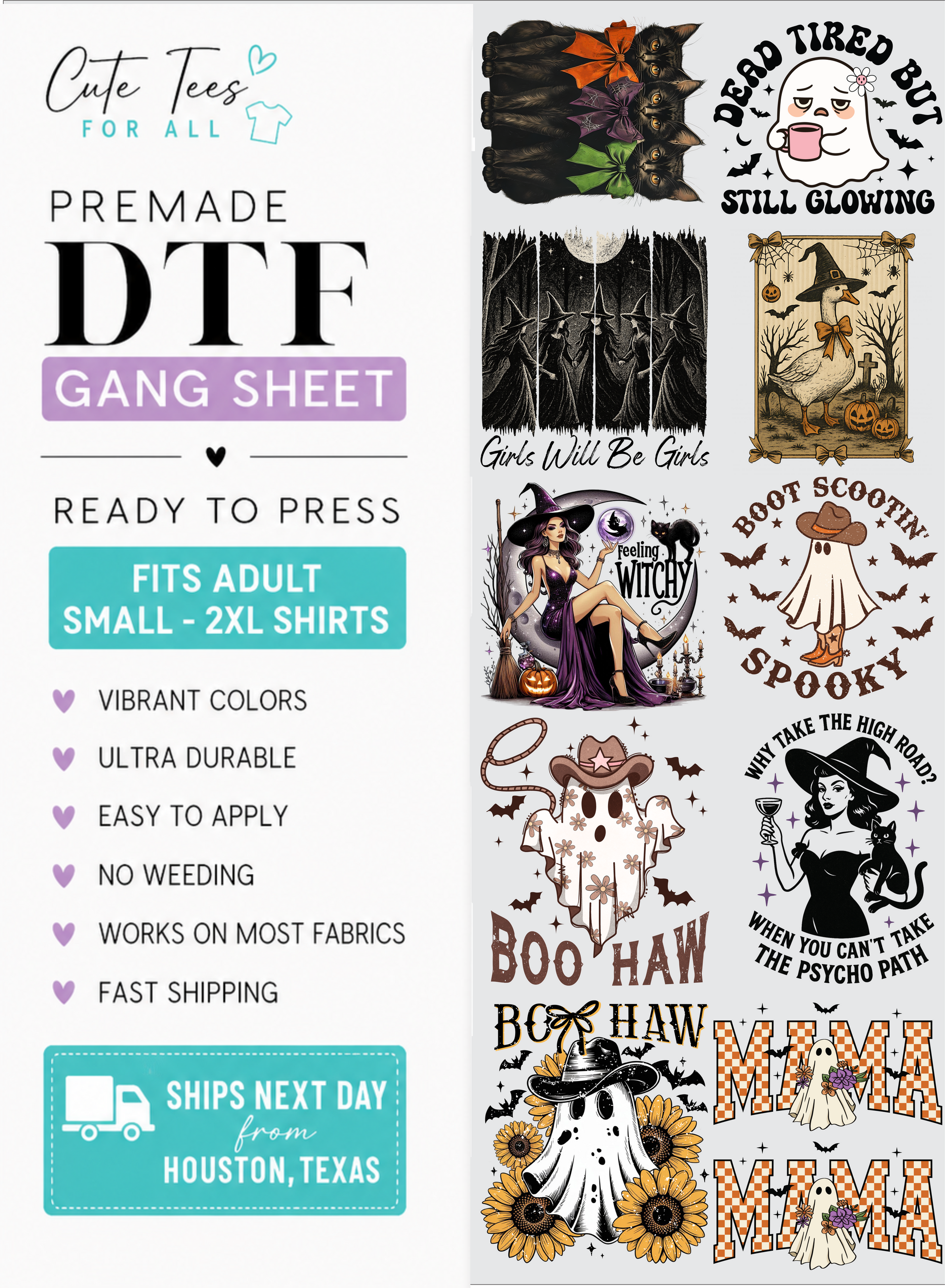 Promotional graphic for a DTF gang sheet with multiple Halloween-themed shirt transfer designs shown on the right and marketing text on the left, including 'Premade DTF Gang Sheet,' 'Ready to Press,' 'Fits Adult Small - Xl Shirts,' and 'Ships Next Day from Houston, Texas.'.
