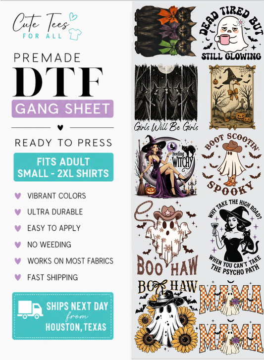 Promotional graphic for a DTF gang sheet with multiple Halloween-themed shirt transfer designs shown on the right and marketing text on the left, including 'Premade DTF Gang Sheet,' 'Ready to Press,' 'Fits Adult Small - Xl Shirts,' and 'Ships Next Day from Houston, Texas.'.