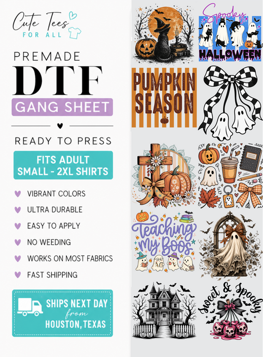 Promotional graphic for a DTF gang sheet featuring multiple Halloween-themed preview designs, including pumpkins, ghosts, a cat in a hat, a haunted house, and text designs like 'Pumpkin Season' and 'Teaching My B*ss'. The left side includes branding text 'Cute Tees FOR ALL' and product info such as 'PREMADE DTF GANG SHEET', 'READY TO PRESS', and shipping details.