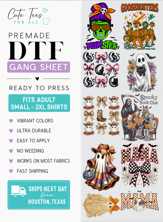 dtf gang sheet digital mock up with various halloween designs