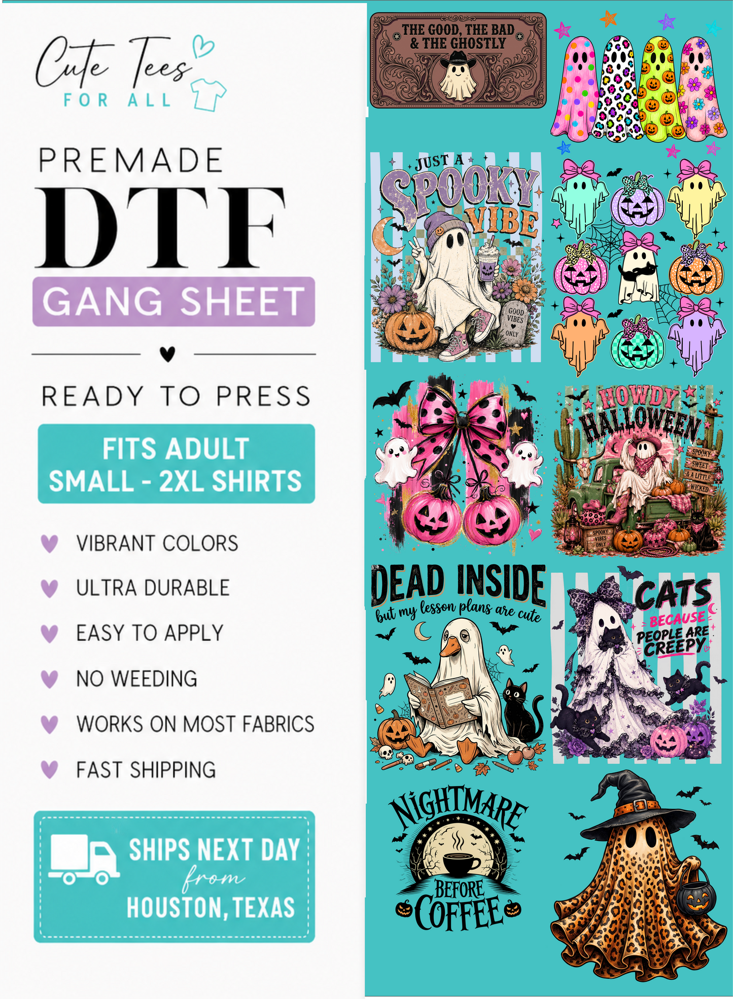 A promotional graphic for a DTF gang sheet featuring multiple Halloween-themed printable designs. The left side includes marketing text such as 'PREMADE DTF GANG SHEET,' 'READY TO PRESS,' 'FITS ADULT SMALL - 2XL SHIRTS,' and a shipping badge.