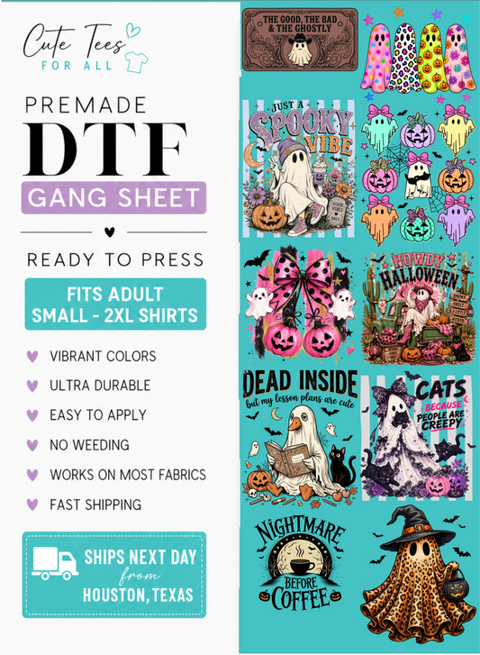 A promotional graphic for a DTF gang sheet featuring multiple Halloween-themed printable designs. The left side includes marketing text such as 'PREMADE DTF GANG SHEET,' 'READY TO PRESS,' 'FITS ADULT SMALL - 2XL SHIRTS,' and a shipping badge.