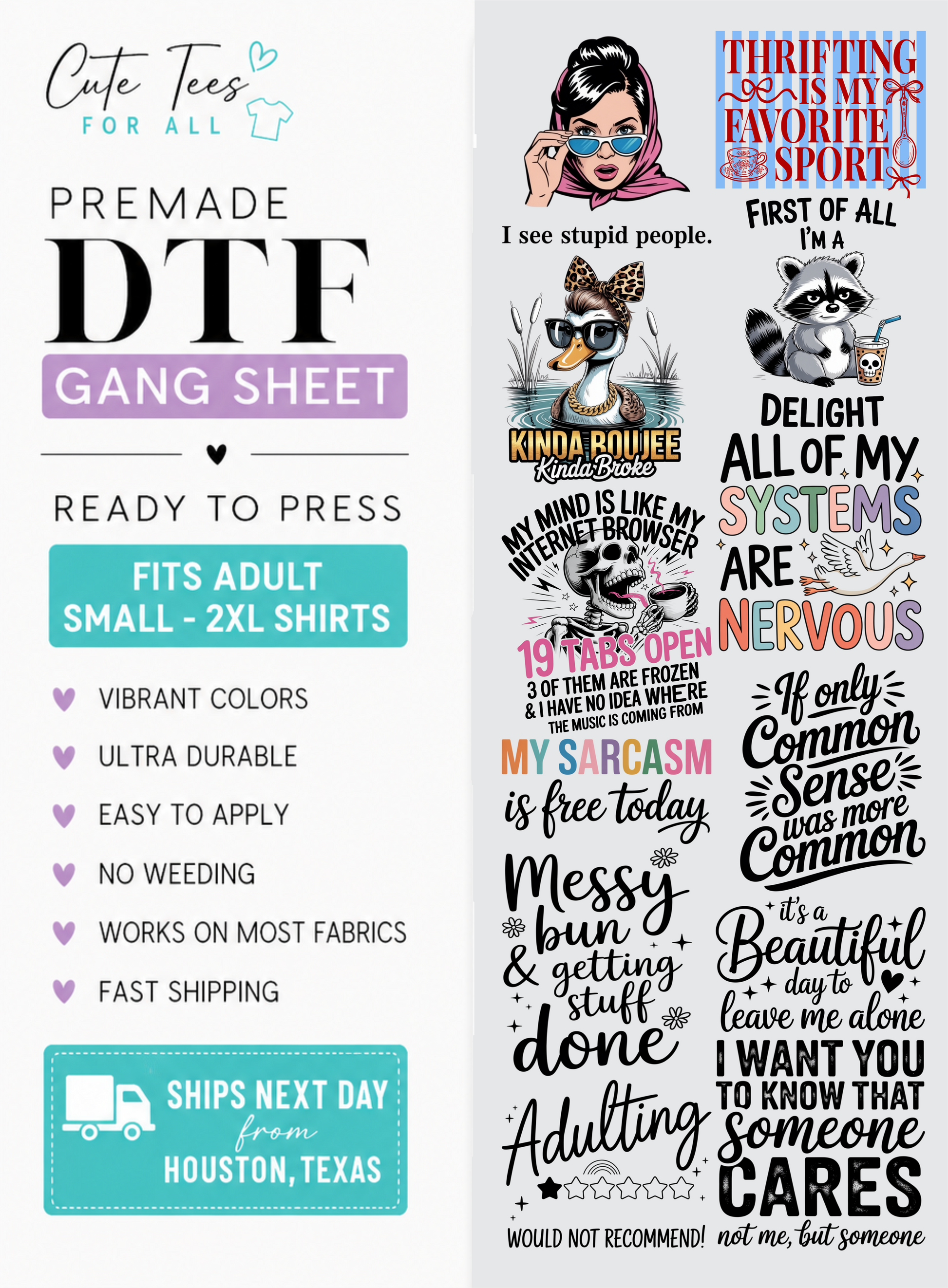 A promotional graphic for a DTF gang sheet of adult transfer decals. The left side features text highlighting product features like 'PREMADE DTF GANG SHEET', 'READY TO PRESS', and 'FITS ADULT SMALL - 2XL SHIRTS' with a teal shipping badge.