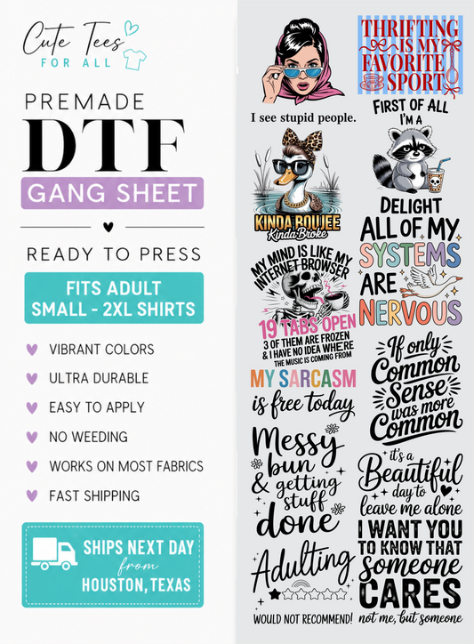 A promotional graphic for a DTF gang sheet of adult transfer decals. The left side features text highlighting product features like 'PREMADE DTF GANG SHEET', 'READY TO PRESS', and 'FITS ADULT SMALL - 2XL SHIRTS' with a teal shipping badge.