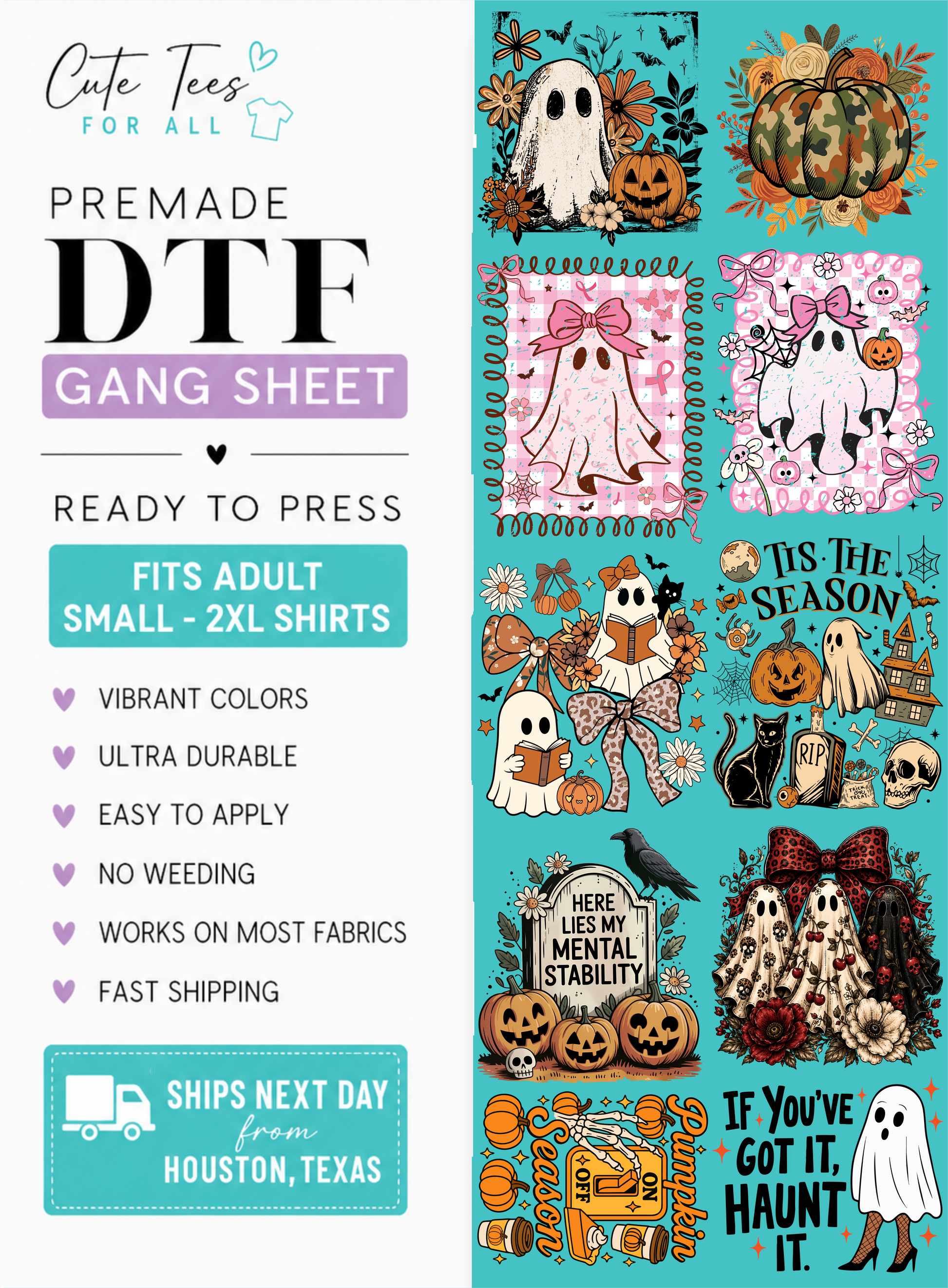 Cute Tees For All Halloween premade DTF gang sheet featuring assorted ghost, pumpkin, bow, floral, and spooky-season transfers.