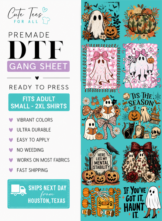 Cute Tees For All Halloween premade DTF gang sheet featuring assorted ghost, pumpkin, bow, floral, and spooky-season transfers.