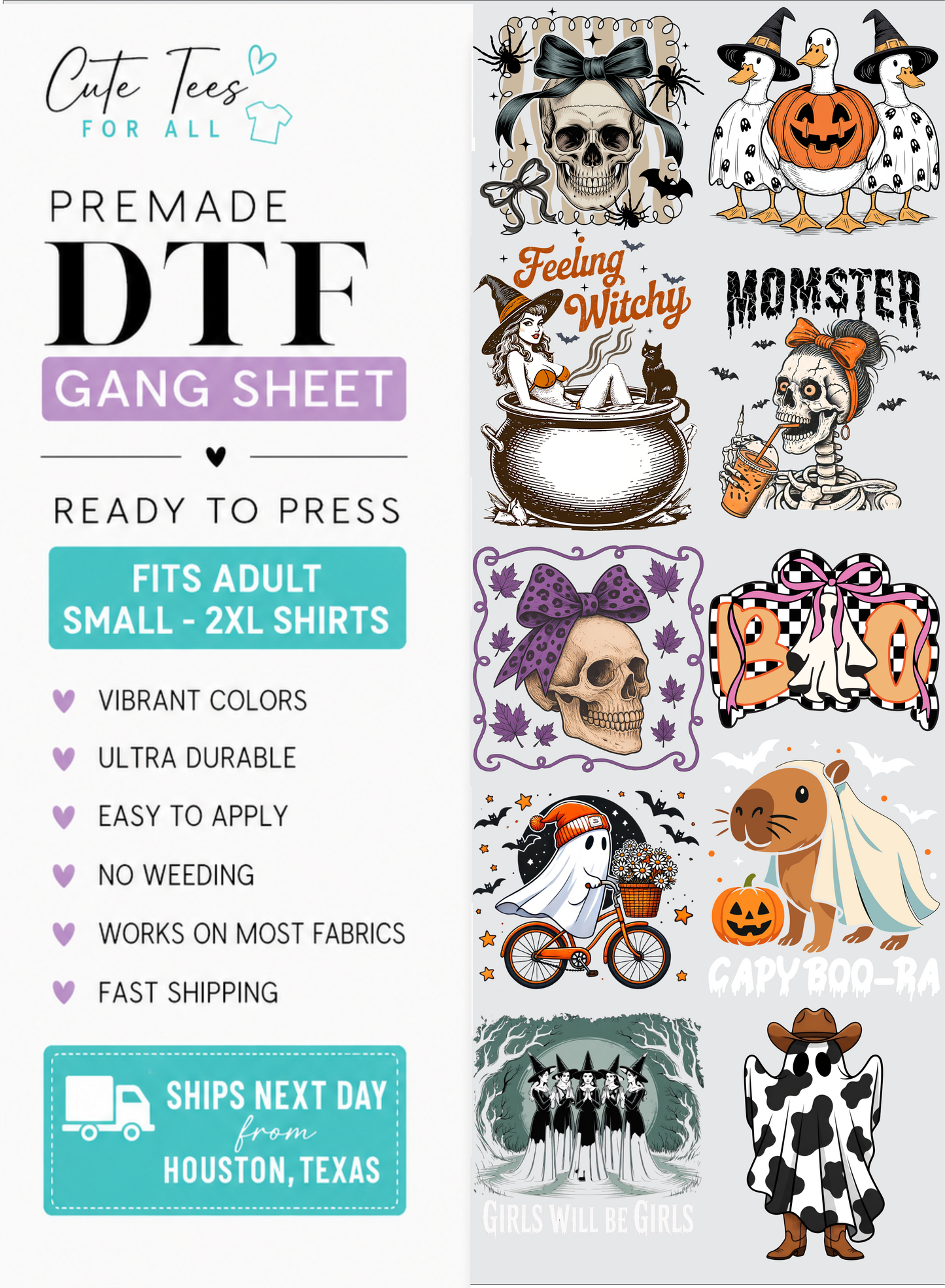 Promotional graphic for a DTF gang sheet featuring multiple Halloween-themed tattoo flash designs on the right and product callouts on the left. Designs include skulls, pumpkins, ghosts, a cat in a witch hat, a cow in a bridal outfit, and spooky animal illustrations.