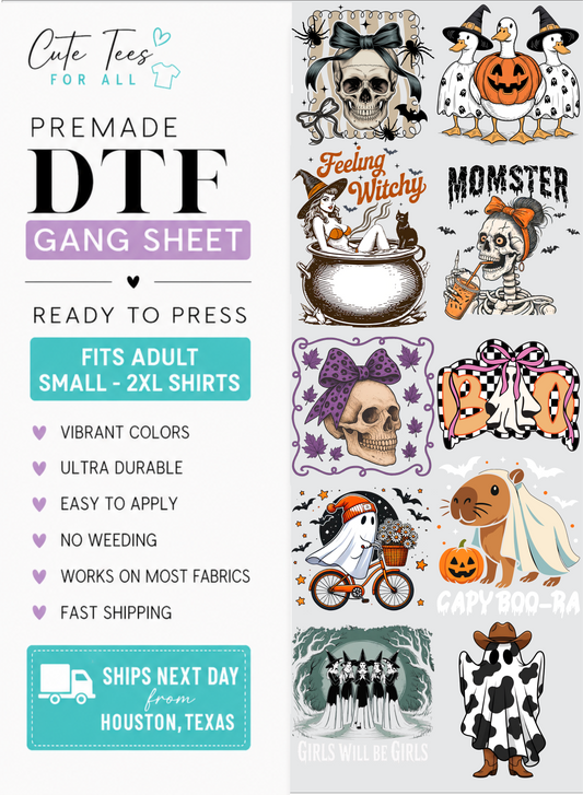 Promotional graphic for a DTF gang sheet featuring multiple Halloween-themed tattoo flash designs on the right and product callouts on the left. Designs include skulls, pumpkins, ghosts, a cat in a witch hat, a cow in a bridal outfit, and spooky animal illustrations.