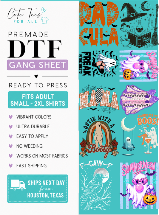 dtf gang sheet mock up with various halloween designs
