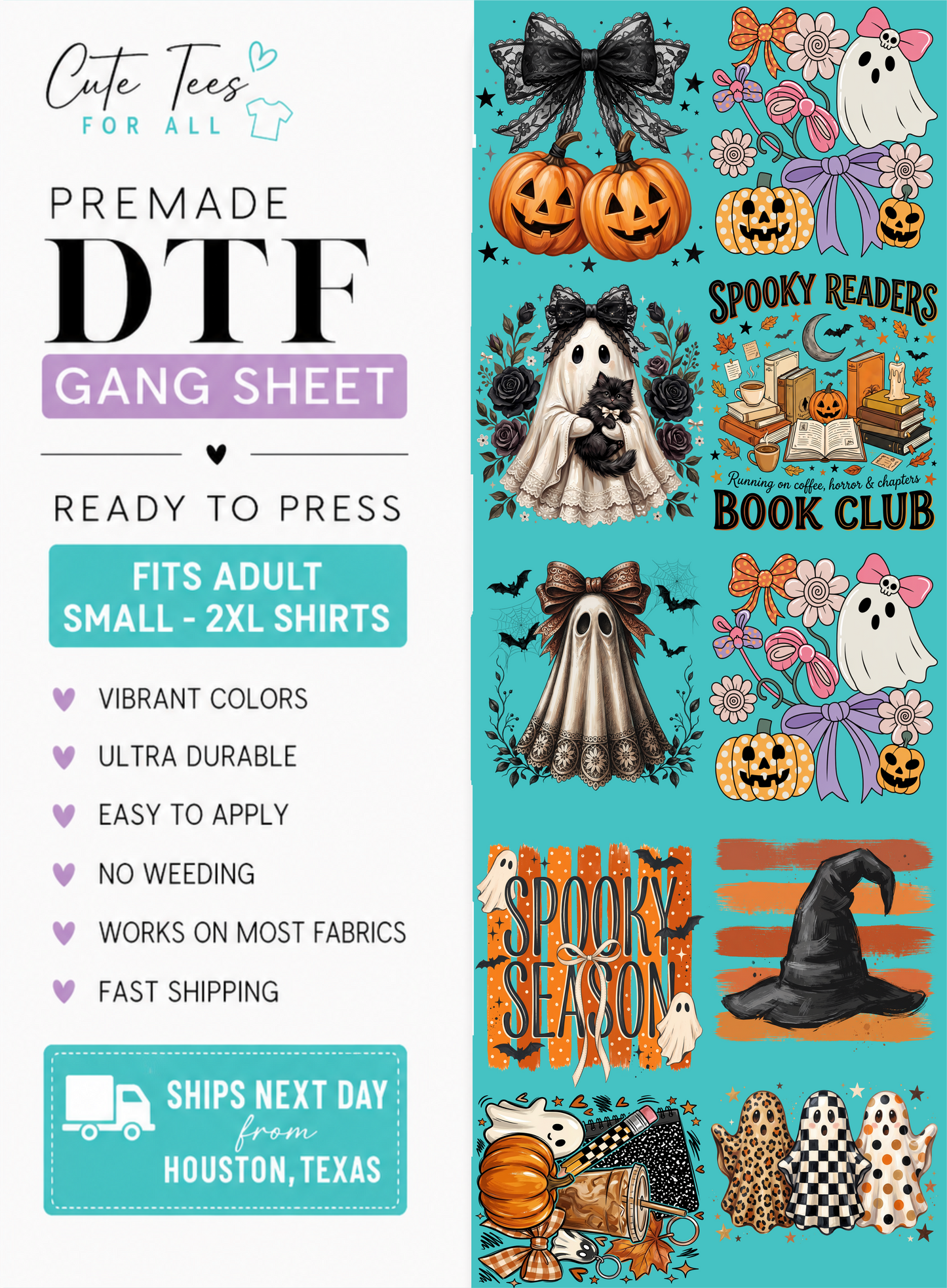 Cute Tees For All Halloween premade DTF gang sheet featuring assorted spooky ghost, pumpkin, book lover, and witch-themed transfers.