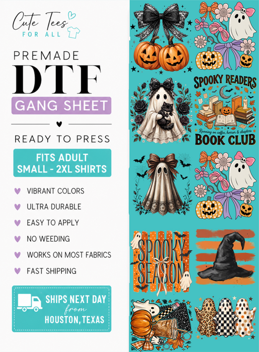 Cute Tees For All Halloween premade DTF gang sheet featuring assorted spooky ghost, pumpkin, book lover, and witch-themed transfers.