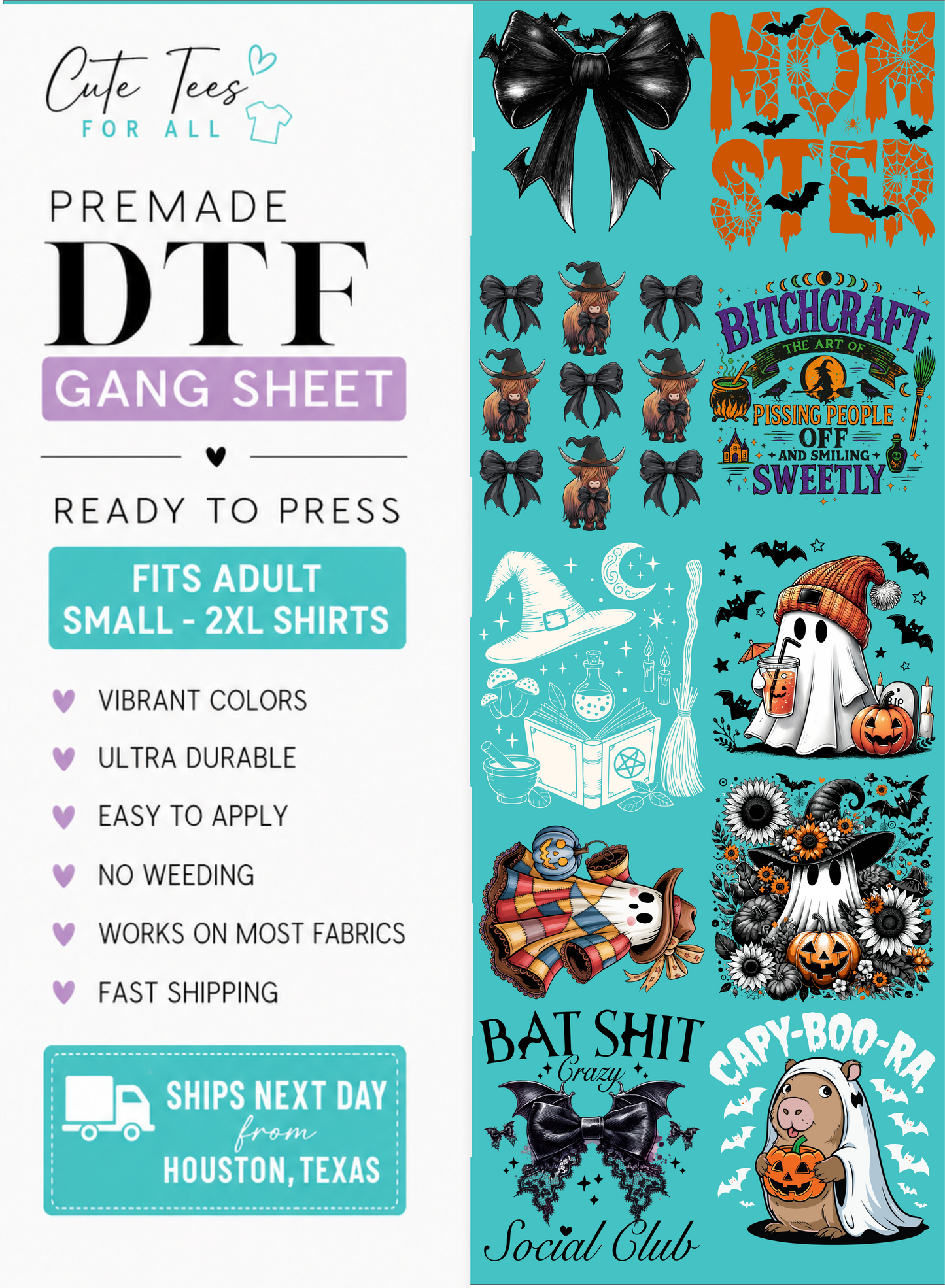 Promotional graphic for a DTF gang sheet featuring multiple Halloween-themed graphic designs, including a black bow, witch hats, ghosts, pumpkins, bats, and text such as 'Mom Shit', 'Bitchcraft', 'Bat Shit', and 'Capy-Boo-Ra'. The left side includes product information text and a shipping badge, while the right side shows the printed design examples on a teal background.