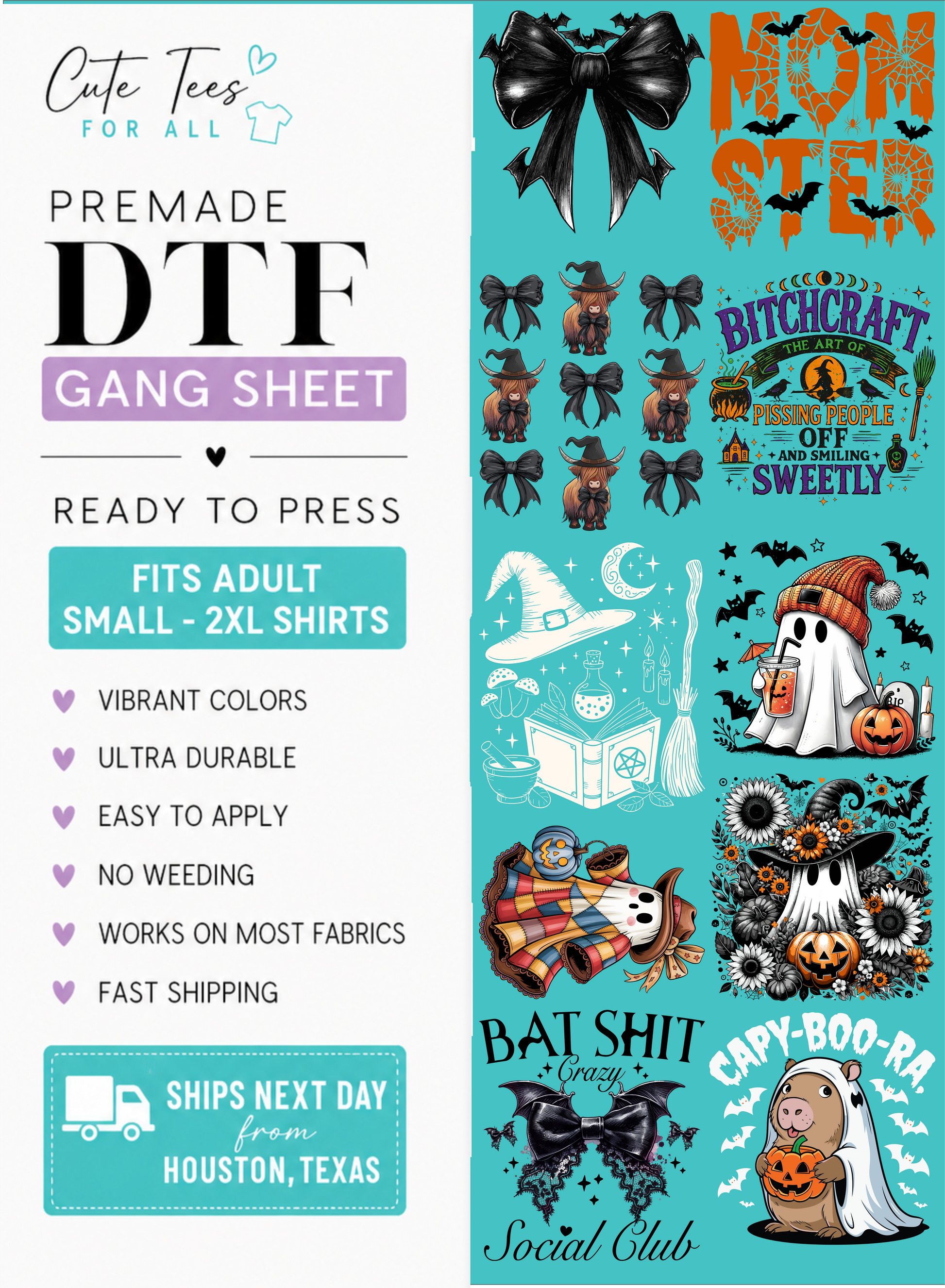Promotional graphic for a DTF gang sheet featuring multiple Halloween-themed graphic designs, including a black bow, witch hats, ghosts, pumpkins, bats, and text such as 'Mom Shit', 'Bitchcraft', 'Bat Shit', and 'Capy-Boo-Ra'. The left side includes product information text and a shipping badge, while the right side shows the printed design examples on a teal background.