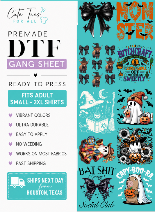 Promotional graphic for a DTF gang sheet featuring multiple Halloween-themed graphic designs, including a black bow, witch hats, ghosts, pumpkins, bats, and text such as 'Mom Shit', 'Bitchcraft', 'Bat Shit', and 'Capy-Boo-Ra'. The left side includes product information text and a shipping badge, while the right side shows the printed design examples on a teal background.