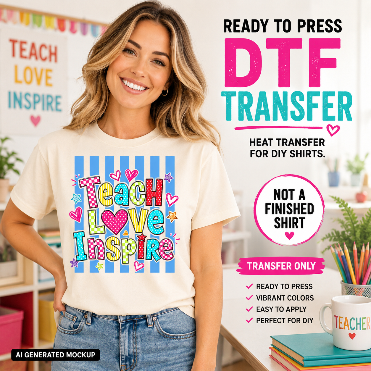 Woman wearing a t-shirt with 'Teach Love Inspire' design, promotional text for DTF transfer, classroom setting.