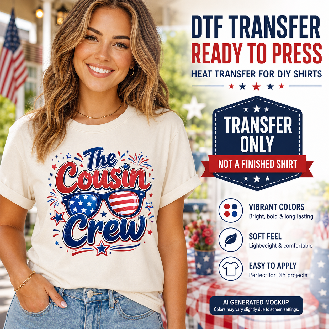Woman wearing a t-shirt with 'The Cousin Crew' design, promotional text for DTF transfer, and product features.
