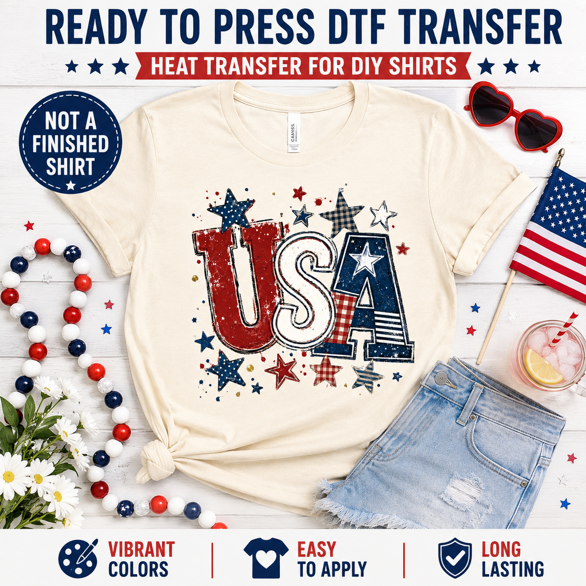 White t-shirt with 'USA' design, denim shorts, American flag, and accessories on a white background.