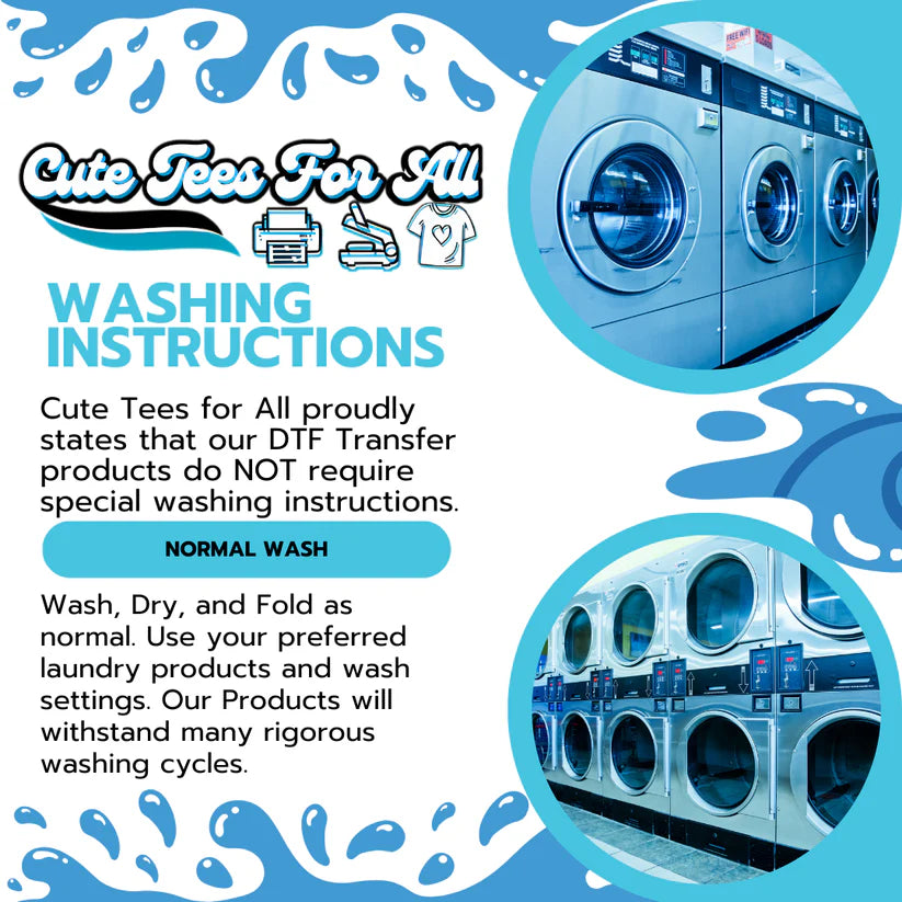 Washing instructions for DTF transfer products with images of washing machines.