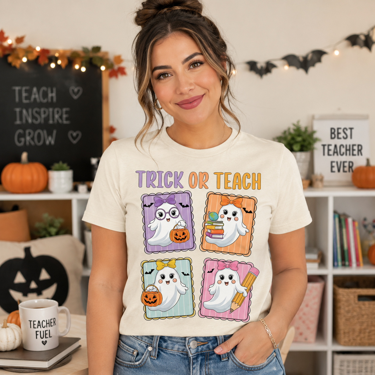 A woman wearing a cream-colored graphic t-shirt with a 'Trick or Teach' Halloween theme, standing in a decorated home office or classroom setting.