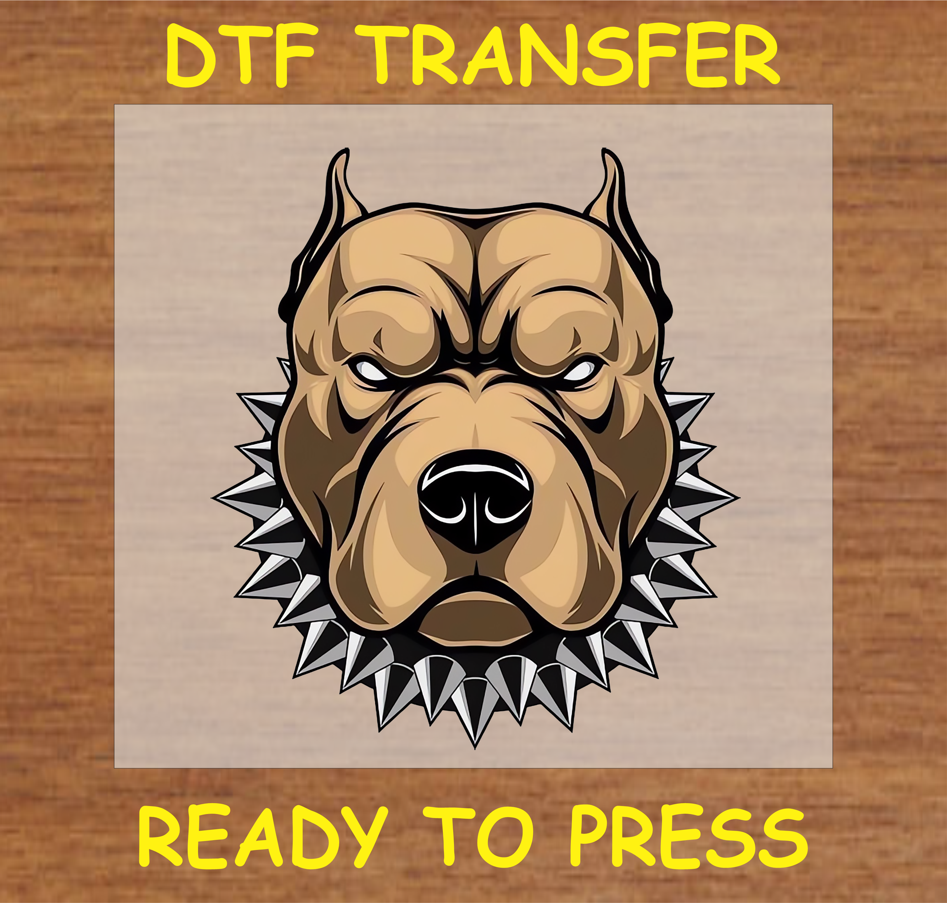 Pitbull DTF transfer featuring a fierce pitbull head with a spiked collar, ready to press

