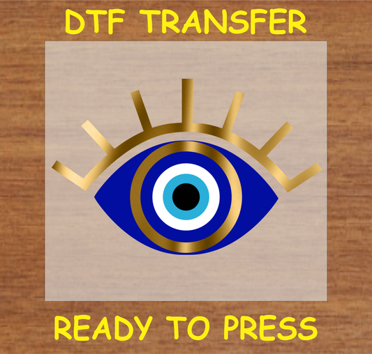 DTF Transfer Golden Evil Eye Design with Blue and Gold Accents, Ready to Press