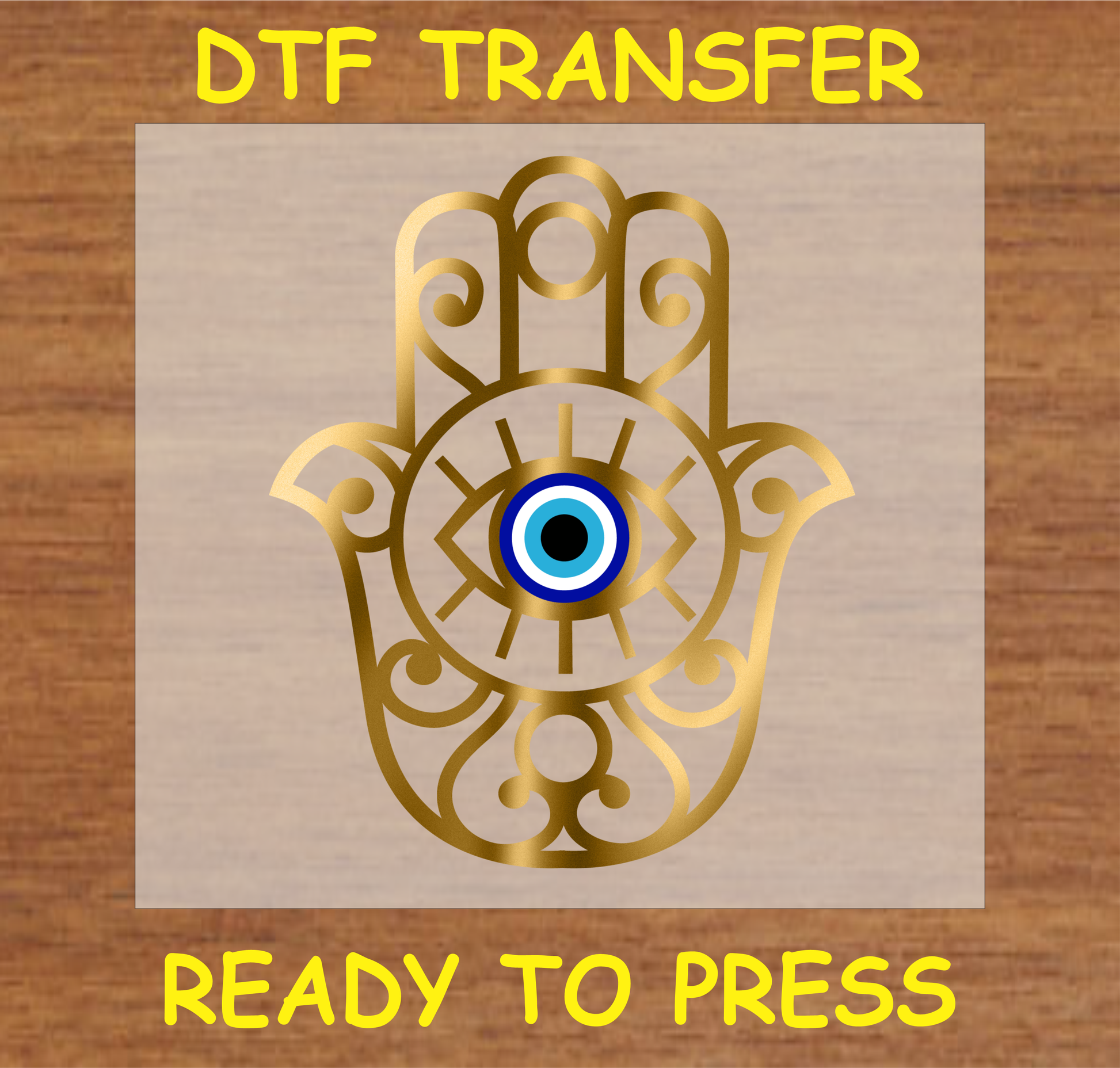 DTF Transfer Hamsa Hand with Evil Eye Design and Gold Accents, Ready to Press
