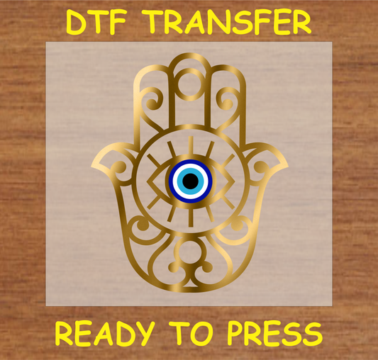 DTF Transfer Hamsa Hand with Evil Eye Design and Gold Accents, Ready to Press