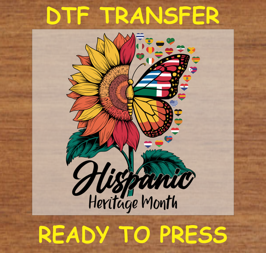 DTF transfer featuring a sunflower with a butterfly, symbolizing Hispanic Heritage Month with vibrant colors and country flags.